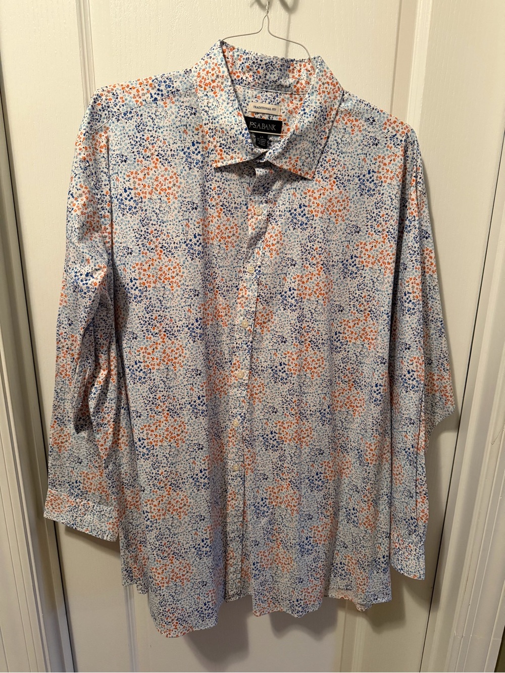 Jos. A. Bank White Button-Up Shirt with Blue and Orange Micro Floral Print